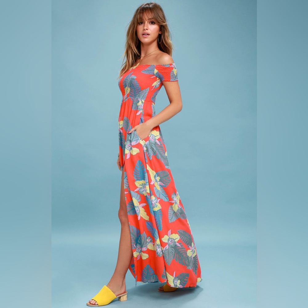 Lulu’s • Patsy Coral Red Floral Print Off-the-Shoulder Dress